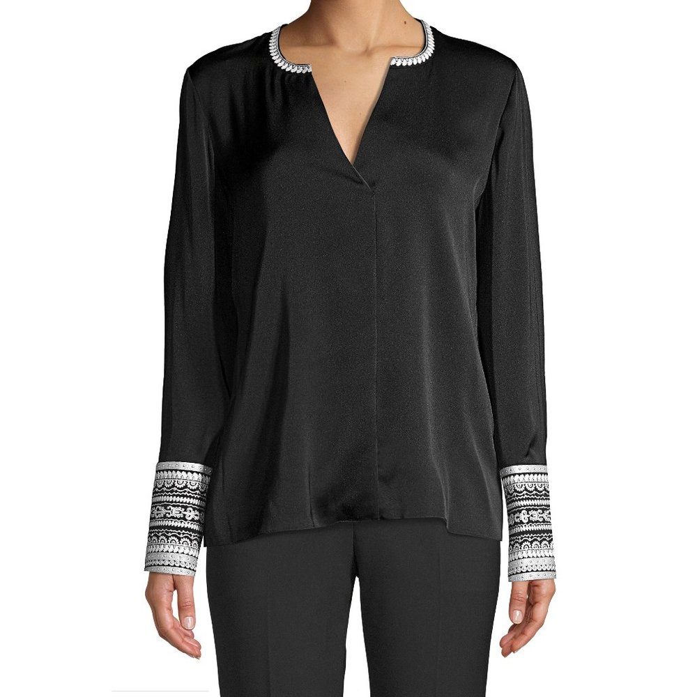NEW KOBI HALPERIN Women Jona Silk Black White Embroidered Cuff Neck Dress Blouse